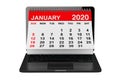 January 2020 calendar over laptop screen. 3d rendering Royalty Free Stock Photo