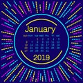 2019. January Calendar page in memphis style poster for concept typography design, flat color. Week starts on Sunday