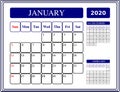 2020 January calendar template, January 2020 desk calendar, planner design, week starts on Sunday. Blue and black color calendar.