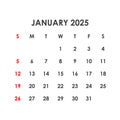 January 2025 Calendar. Week starts on Sunday. Royalty Free Stock Photo