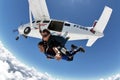 Skydiving tandem experience with student and instructor. The moment they leave the plane.