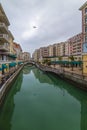 January 10 2020. Canal view in Venice-like Qanat Quartier of the Pearl precinct of Doha, Qatar, with multi-color