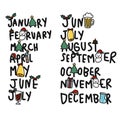 January until December word cartoon doodle set illustration