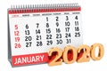 January 2020 Desk Calendar, 3D rendering Royalty Free Stock Photo
