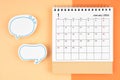 January 2024 desk calendar and empty speech bubble for your text