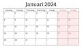 January 2024 dutch month calendar. Vector printable illustration. Monthly planning for business in Dutch