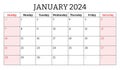 January 2024 english month calendar. Vector printable illustration. Monthly planning for your business