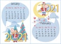 January, February 2021. Calendar. Funny calf on the background of the Christmas tree or valentines