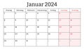 January 2024 German month calendar. Vector printable illustration. Monthly planning for business in Germany