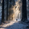 In January lone traveler navigates through a snowy forest, bathed in the soft light of the winter Royalty Free Stock Photo