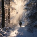 In January lone traveler navigates through a snowy forest, bathed in the soft light of the winter sun