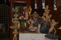 Christmas nativity scene - Jesus Christ, Mary and Joseph. Wooden figurines, donkey in the background Royalty Free Stock Photo