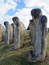 Side view of the stone statues of the Monument to the Shipwrecked Slaves of l`anse Caffard, French