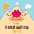January is Mental Wellness Month. Campaign banner illustration featuring brain in meditation in nature