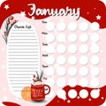 January monthly planner, weekly planner, habit tracker template and example. Template for agenda, schedule, planners, checklists, Royalty Free Stock Photo