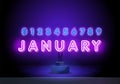 January. Neon glowing lettering on a dark wall background. Vector neon illustration. Typography for banners, badges