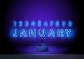January. Neon glowing lettering on a dark wall background. Vector neon illustration. Typography for banners, badges