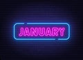 January neon neon sign on brick wall background.