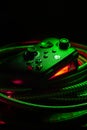 January 15, 2023, Odessa, Ukraine. A black Xbox Wireless Controller highlighted in green and red. Compatible Xbox Series X S, Xbox