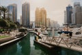 January 02, 2019 . Panoramic view with modern skyscrapers and water pier of Dubai Marina , United Arab Emirates Royalty Free Stock Photo