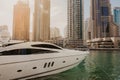 January 02, 2019 . Panoramic view with modern skyscrapers and water pier of Dubai Marina , United Arab Emirates Royalty Free Stock Photo