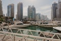 January 02, 2019 . Panoramic view with modern skyscrapers and water pier of Dubai Marina , United Arab Emirates