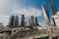 January 02, 2019 . Panoramic view with modern skyscrapers and water pier of Dubai Marina , United Arab Emirates Royalty Free Stock Photo