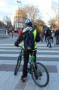 18 January 2020, Paris, France - yellow jackets protests, man on bicycle wearing yellow vest