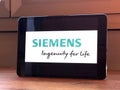 January 2020 Parma, Italy: Siemens company logo icon on tablet screen close-up. Siemens brand