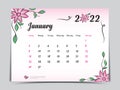 Calendar 2022 template with pink flowers background, January 2022 template, Monthly calendar with flora natural patterns