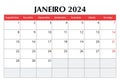 January 2024 portuguese calendar. Vector editable illustration. Monthly planning for business in Portugal