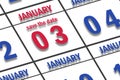 january 3rd. Day 3 of month, Date marked Save the Date on a calendar. winter month, day of the year concept
