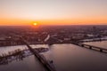 Amazing aerial view of the sunset over Old town of Riga, Vecriga in Latvia. River Daugava Royalty Free Stock Photo