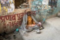 A beggar elderly man sits on a dirty street with an outstretched hand