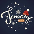 January sale, knitted hat and snowflakes lettering composition Royalty Free Stock Photo