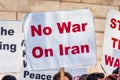 January 4, 2020 San Jose / CA / USA - Close up of No War On Iran sign raised at the anti-war protest in front of the Cityhall in