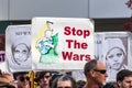 January 4, 2020 San Jose / CA / USA - Close up of Stop The Wars sign raised at the anti-war protest in front of the Cityhall in