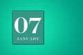 January 07 is the seventh day of the month calendar date, white tsyfra on a green background. 3D Illustration