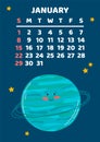 January. Space calendar planner 2023. Weekly scheduling, planets, space objects. Week starts on Sunday. Uranus
