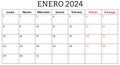 January 2024 spanish month calendar. Png illustration. Monthly planning for your business in Spain