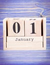 January 1st. Date of 1 January on wooden cube calendar