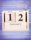 January 12th. Date of 12 January on wooden cube calendar