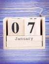 January 7th. Date of 7 January on wooden cube calendar