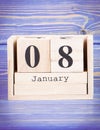 January 8th. Date of 8 January on wooden cube calendar