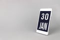 January 30th. Day 30 of month, Calendar date. Smartphone with calendar day, calendar display on your smartphone. Winter month, day