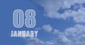 january 08. 08-th day of the month, calendar date.White numbers against a blue sky with clouds. Copy space, winter month Royalty Free Stock Photo