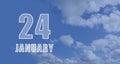 january 24. 24-th day of the month, calendar date.White numbers against a blue sky with clouds. Copy space, winter month Royalty Free Stock Photo