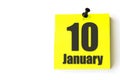 January 10th. Day 10 of month, Calendar date. Yellow sheet of the calendar. Winter month, day of the year concept