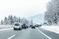 January 12th, 2019 - Salzburg, Austria: Winter highway with many different cars stucked in traffic jam due ti bad Royalty Free Stock Photo