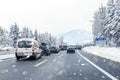 January 12th, 2019 - Salzburg, Austria: Winter highway with many different cars stucked in traffic jam due ti bad Royalty Free Stock Photo